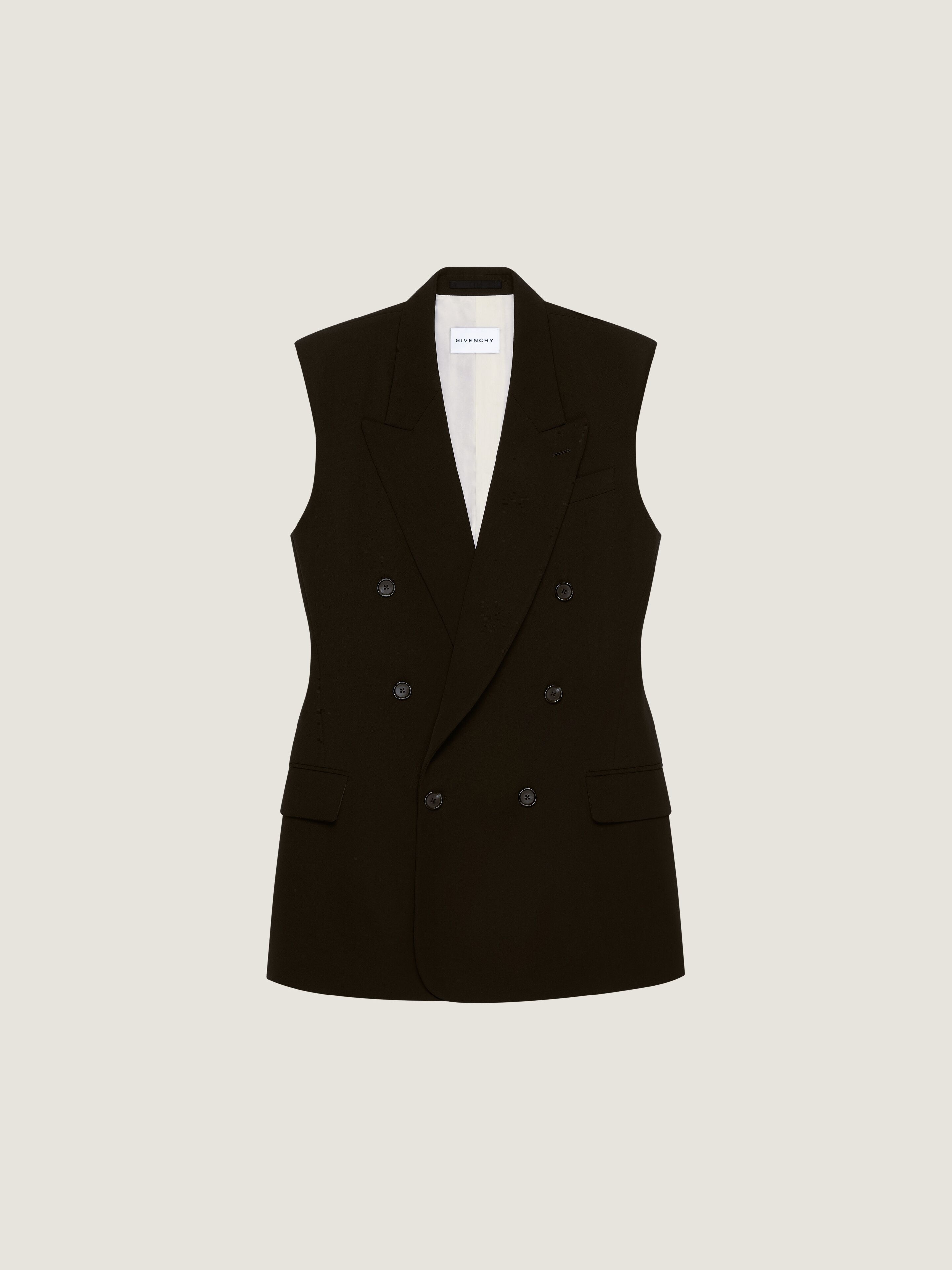 Double breasted sleeveless jacket in wool twill